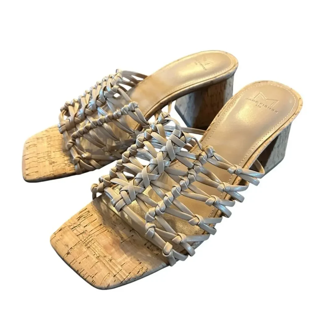 Marc Fisher Colica Braided Strap Slip On Strappy Block Heel Sandals NEW 9.5
